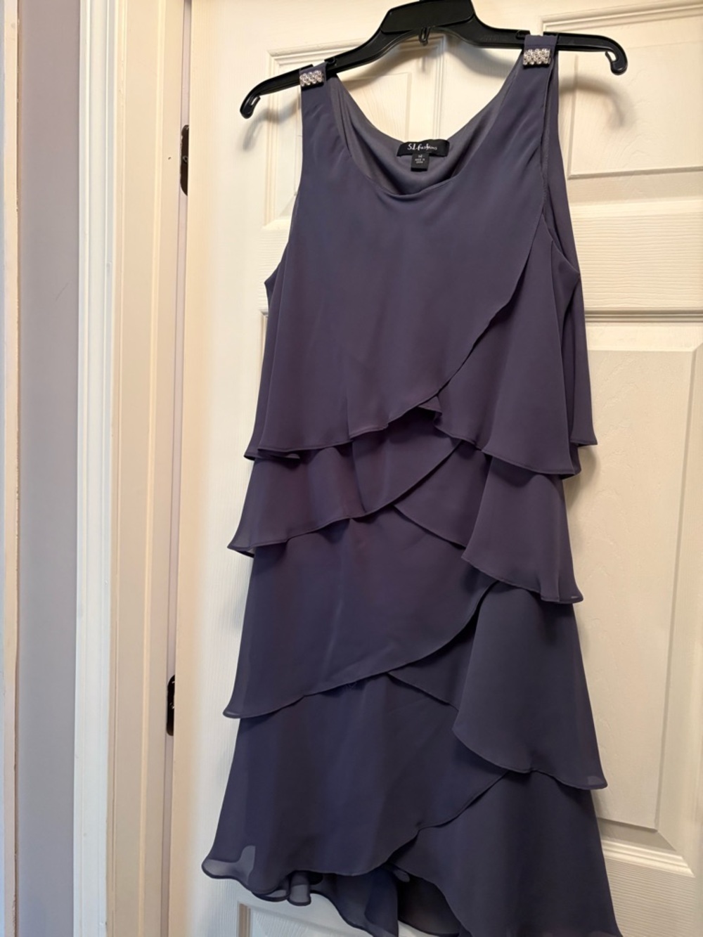 S.L. Fashions Layered Chiffon Mini Dress in Slate Purple